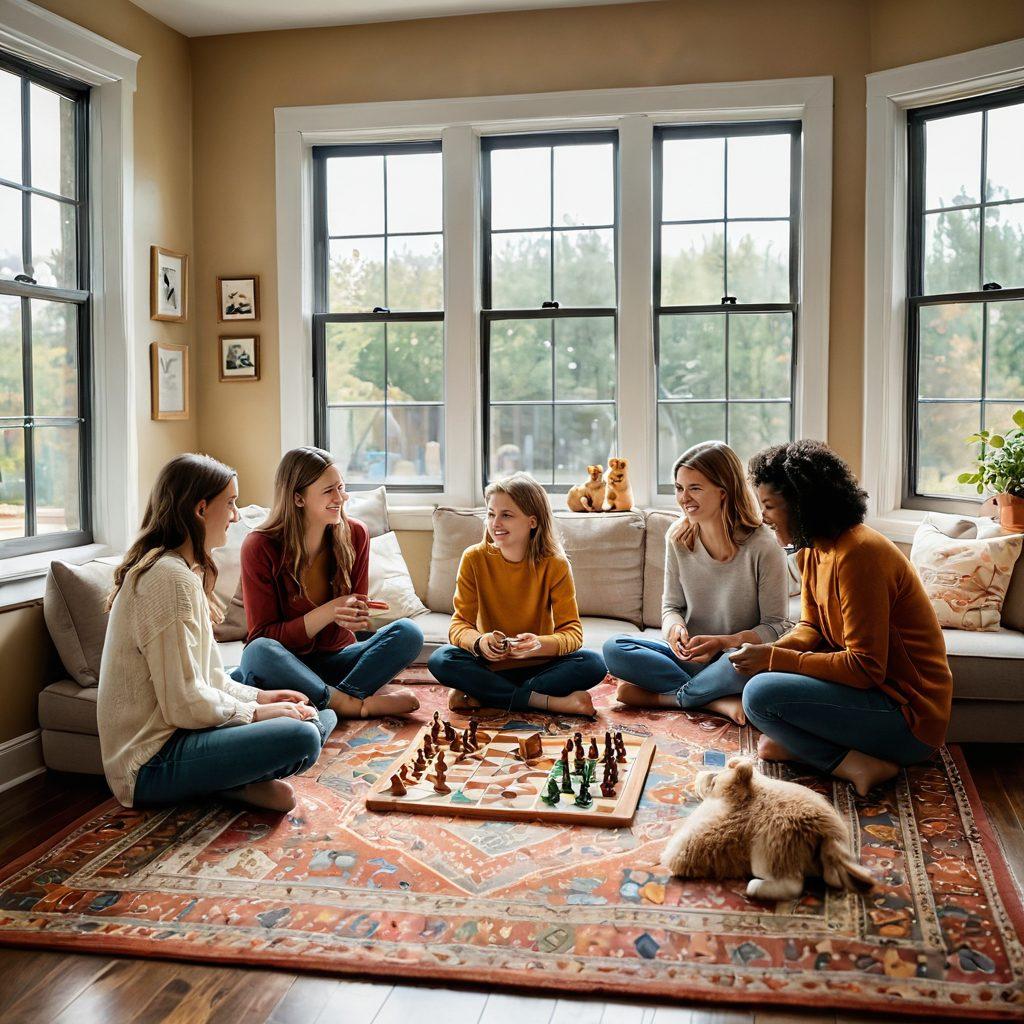A cozy indoor scene featuring a family playing board games on a colorful rug, with laughter and joy visible on their faces. Bring in elements of relaxation like soft pillows, a steaming cup of tea on a nearby table, and natural light filtering through a window, creating a warm and inviting atmosphere. Include playful decorations such as whimsical wall art and stuffed animals scattered around. soft focus. warm tones. cozy aesthetic.
