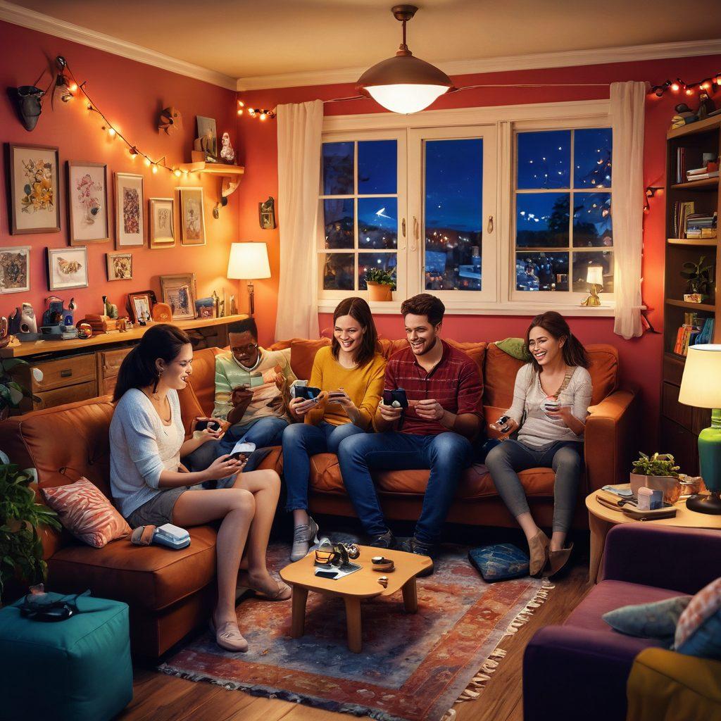 A vibrant scene depicting adults joyfully engaging in various playful activities online, featuring a cozy home setup with diverse characters laughing, playing video games, and crafting. Include colorful decorations and a variety of fun gadgets scattered around to accentuate the theme of amusement. Bright lighting and a whimsical atmosphere to evoke happiness and creativity. super-realistic. vibrant colors. cozy ambiance.